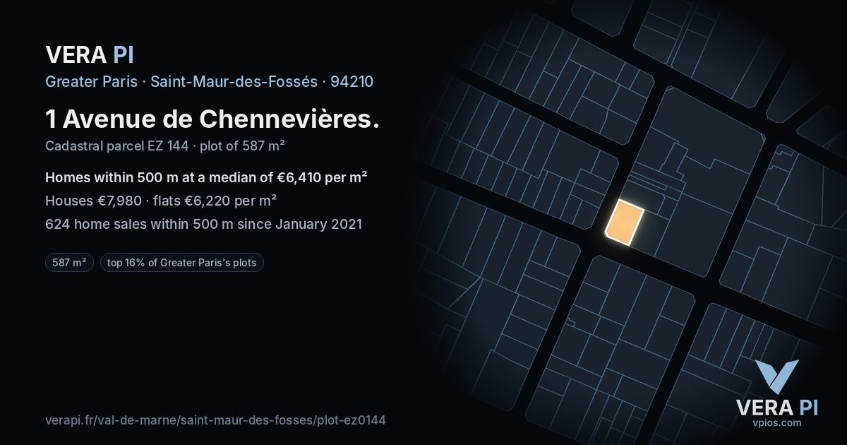 1 Avenue de Chennevières, Saint-Maur-des-Fossés at night – the plot lit, the parcels around coloured by the prices near them