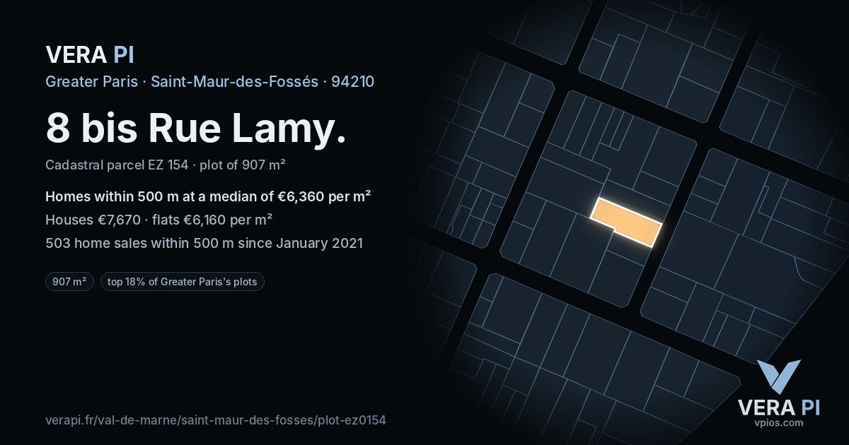8 bis Rue Lamy, Saint-Maur-des-Fossés at night – the plot lit, the parcels around coloured by the prices near them