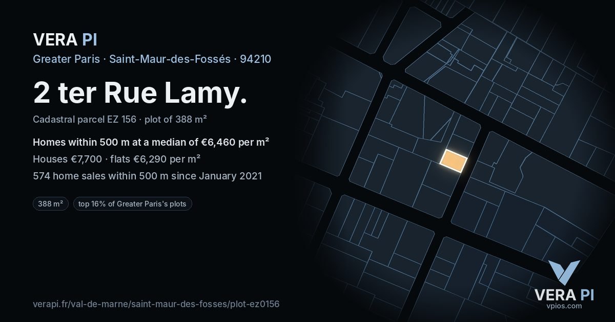 2 ter Rue Lamy, Saint-Maur-des-Fossés at night – the plot lit, the parcels around coloured by the prices near them