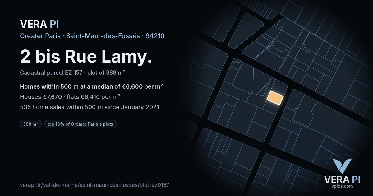 2 bis Rue Lamy, Saint-Maur-des-Fossés at night – the plot lit, the parcels around coloured by the prices near them