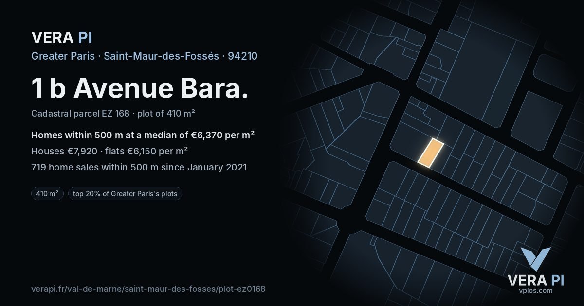 1 b Avenue Bara, Saint-Maur-des-Fossés at night – the plot lit, the parcels around coloured by the prices near them