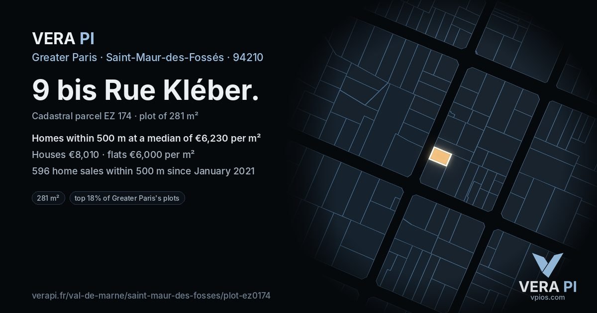 9 bis Rue Kléber, Saint-Maur-des-Fossés at night – the plot lit, the parcels around coloured by the prices near them