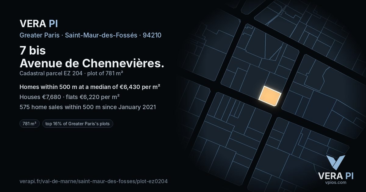 7 bis Avenue de Chennevières, Saint-Maur-des-Fossés at night – the plot lit, the parcels around coloured by the prices near them