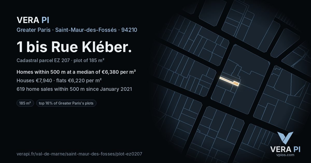 1 bis Rue Kléber, Saint-Maur-des-Fossés at night – the plot lit, the parcels around coloured by the prices near them