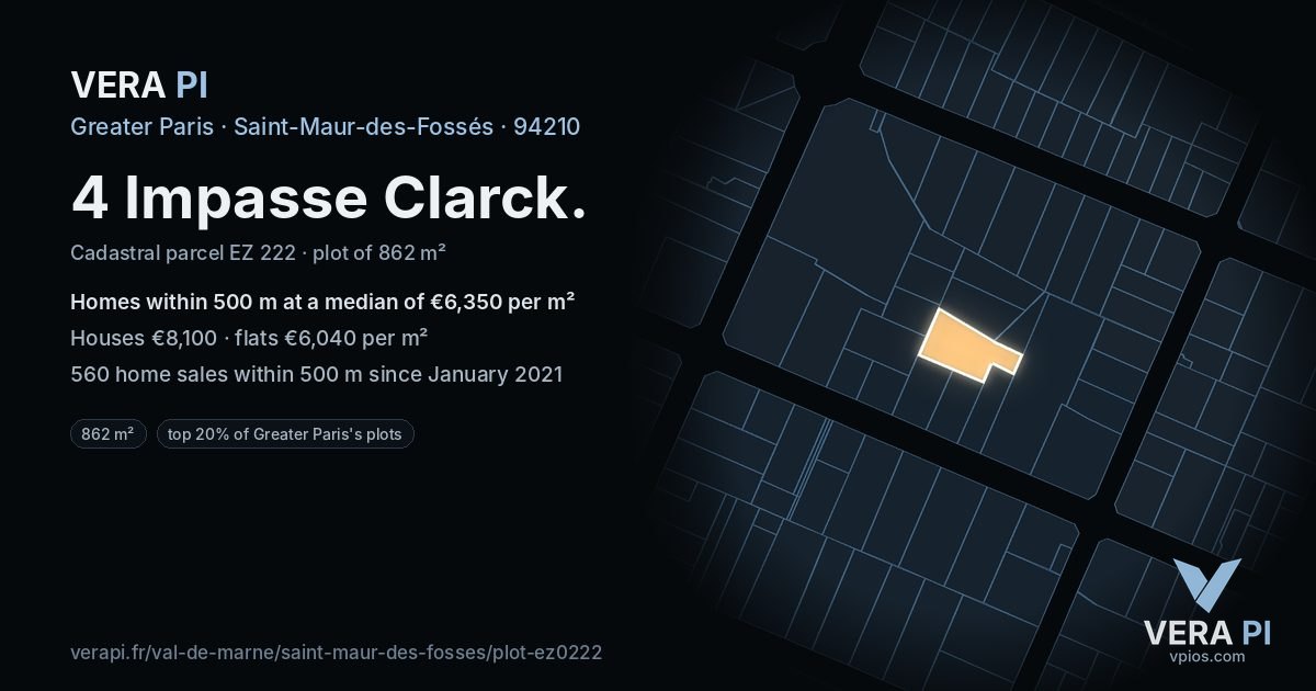 4 Impasse Clarck, Saint-Maur-des-Fossés at night – the plot lit, the parcels around coloured by the prices near them