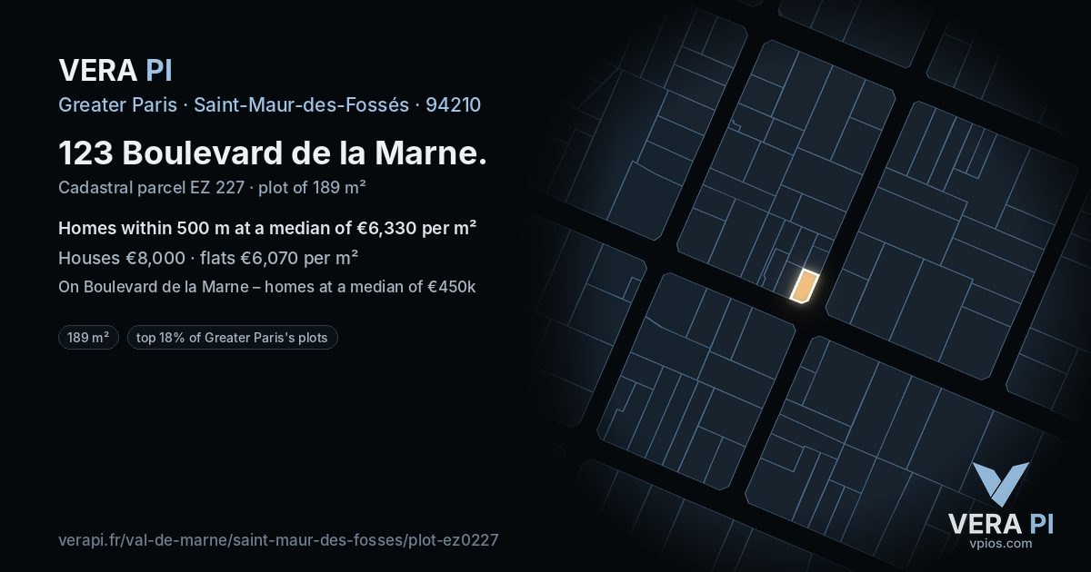 123 Boulevard de la Marne, Saint-Maur-des-Fossés at night – the plot lit, the parcels around coloured by the prices near them