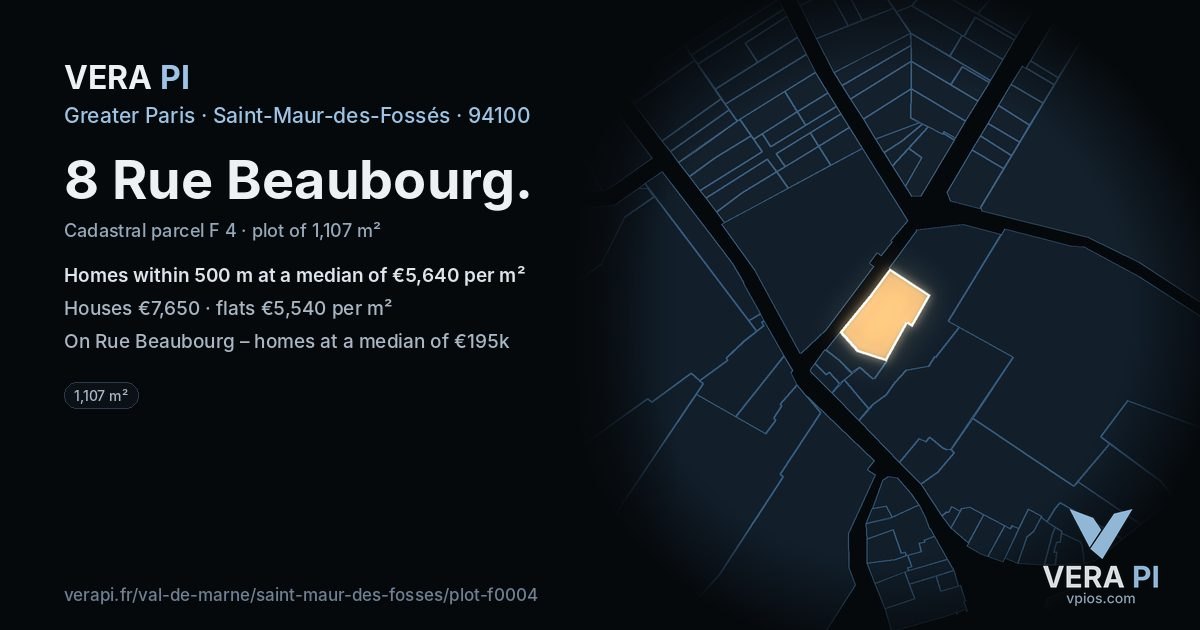 8 Rue Beaubourg, Saint-Maur-des-Fossés at night – the plot lit, the parcels around coloured by the prices near them