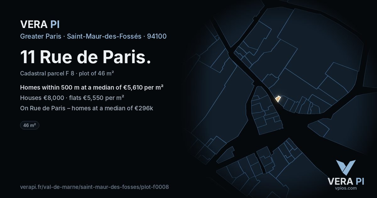11 Rue de Paris, Saint-Maur-des-Fossés at night – the plot lit, the parcels around coloured by the prices near them