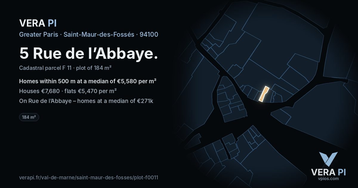 5 Rue de l’Abbaye, Saint-Maur-des-Fossés at night – the plot lit, the parcels around coloured by the prices near them