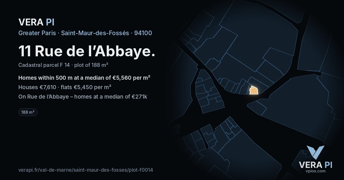 11 Rue de l’Abbaye, Saint-Maur-des-Fossés at night – the plot lit, the parcels around coloured by the prices near them