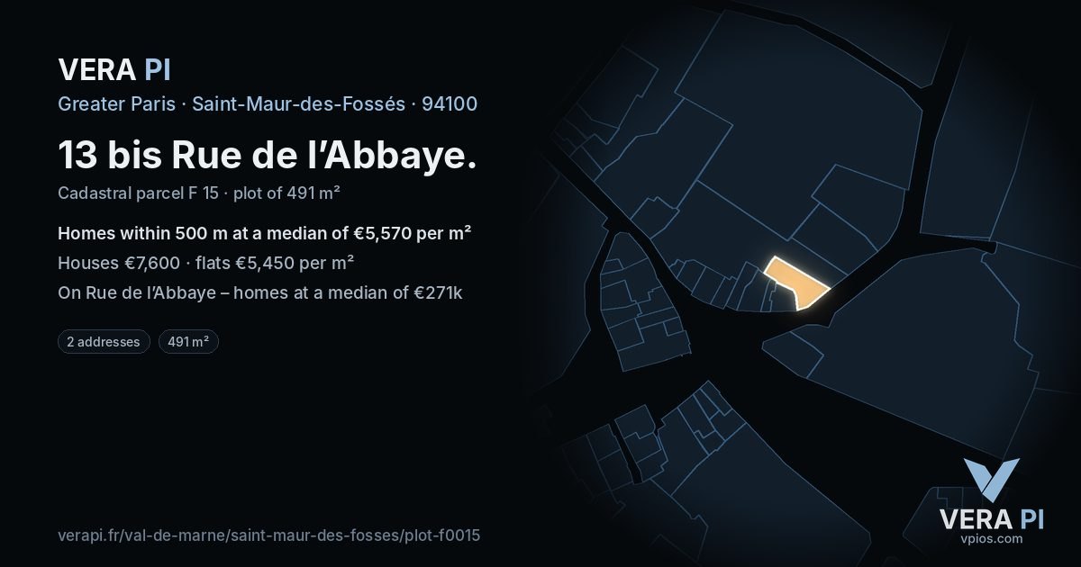 13 bis Rue de l’Abbaye, Saint-Maur-des-Fossés at night – the plot lit, the parcels around coloured by the prices near them