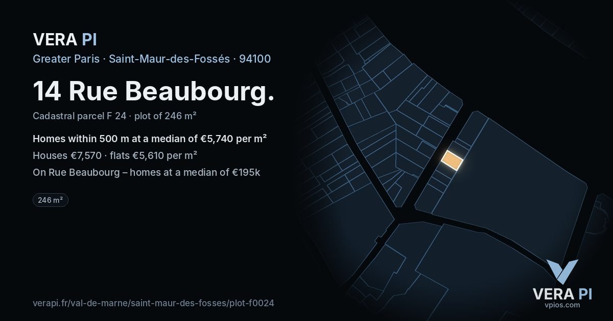 14 Rue Beaubourg, Saint-Maur-des-Fossés at night – the plot lit, the parcels around coloured by the prices near them