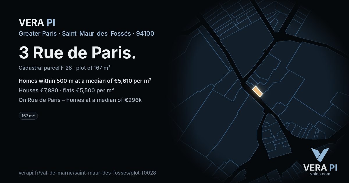 3 Rue de Paris, Saint-Maur-des-Fossés at night – the plot lit, the parcels around coloured by the prices near them