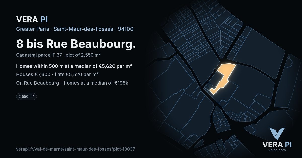 8 bis Rue Beaubourg, Saint-Maur-des-Fossés at night – the plot lit, the parcels around coloured by the prices near them