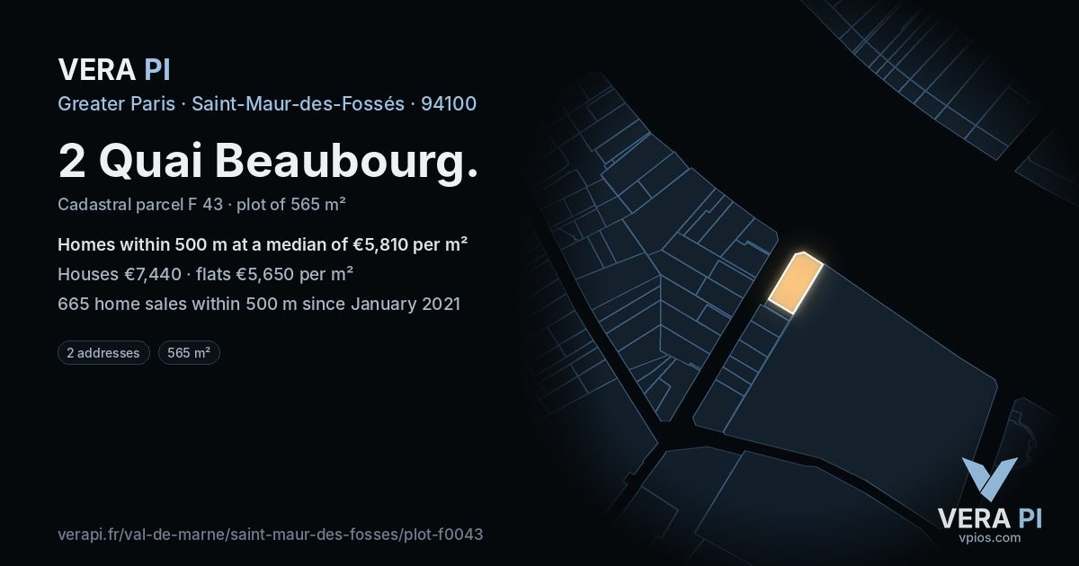 2 Quai Beaubourg, Saint-Maur-des-Fossés at night – the plot lit, the parcels around coloured by the prices near them