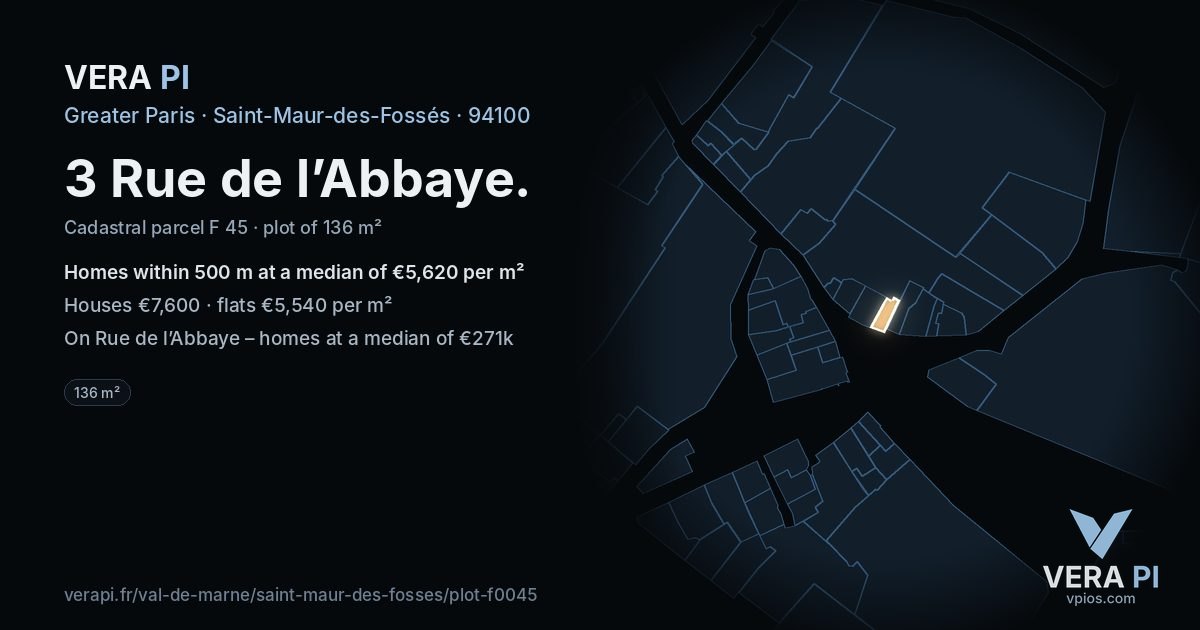 3 Rue de l’Abbaye, Saint-Maur-des-Fossés at night – the plot lit, the parcels around coloured by the prices near them