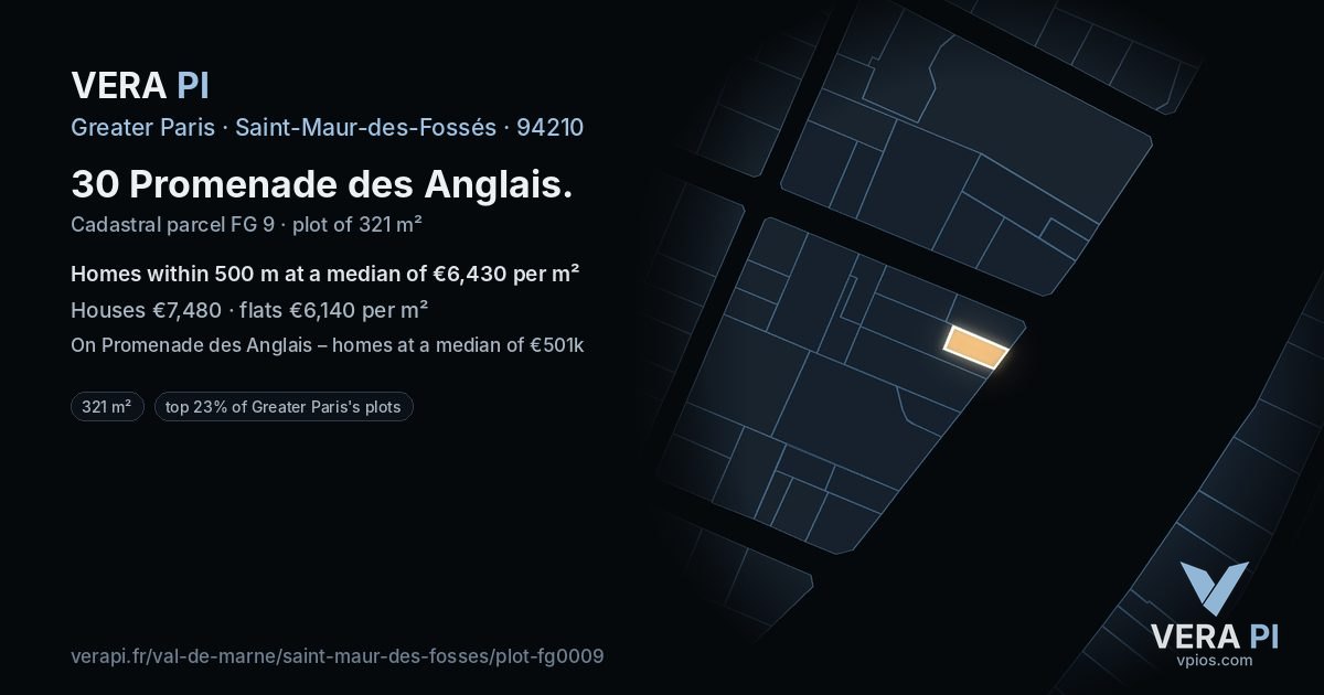 30 Promenade des Anglais, Saint-Maur-des-Fossés at night – the plot lit, the parcels around coloured by the prices near them