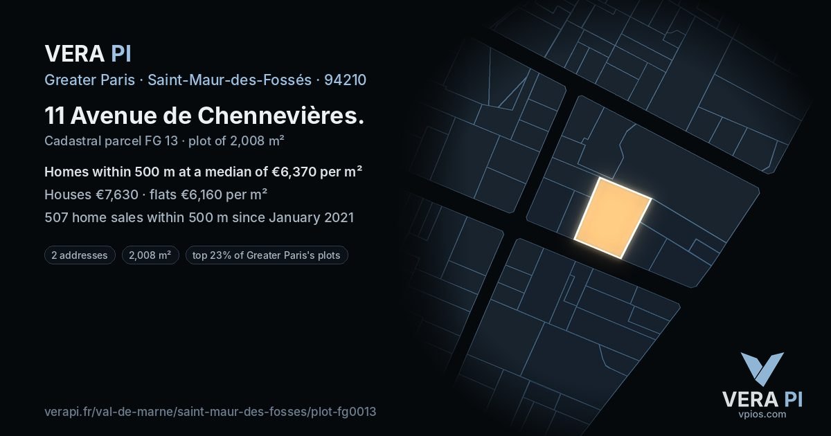 11 Avenue de Chennevières, Saint-Maur-des-Fossés at night – the plot lit, the parcels around coloured by the prices near them