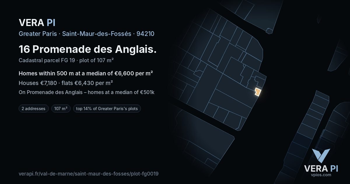 16 Promenade des Anglais, Saint-Maur-des-Fossés at night – the plot lit, the parcels around coloured by the prices near them