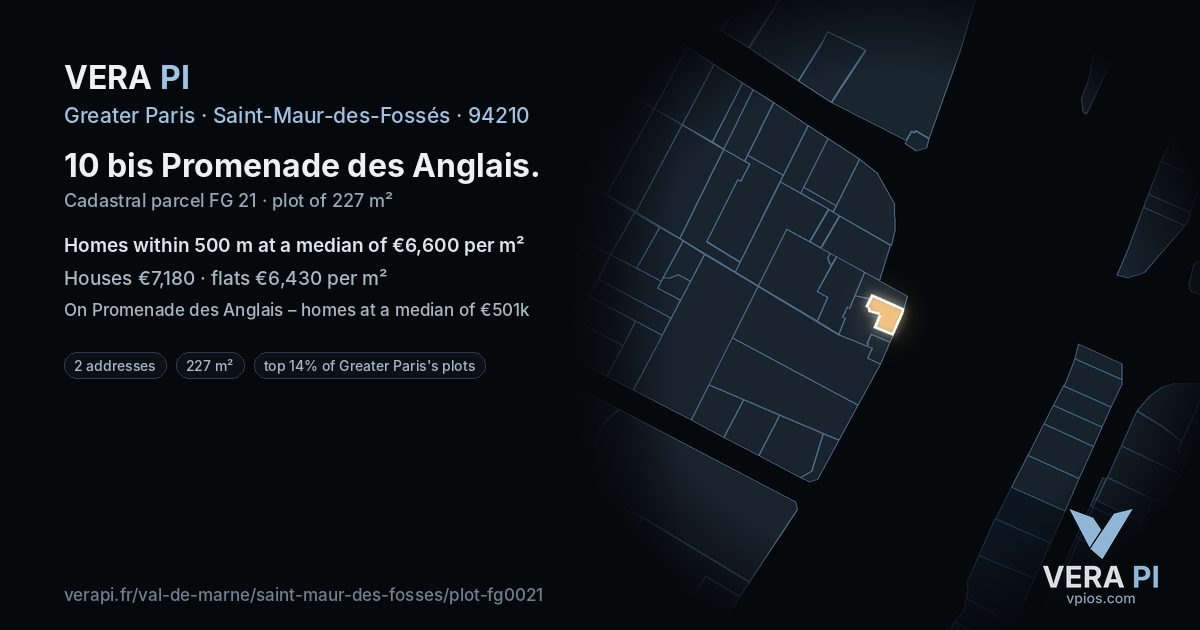 10 bis Promenade des Anglais, Saint-Maur-des-Fossés at night – the plot lit, the parcels around coloured by the prices near them