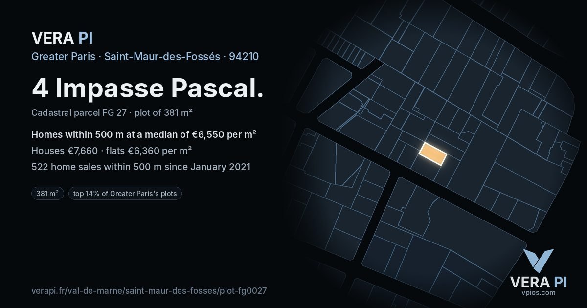 4 Impasse Pascal, Saint-Maur-des-Fossés at night – the plot lit, the parcels around coloured by the prices near them