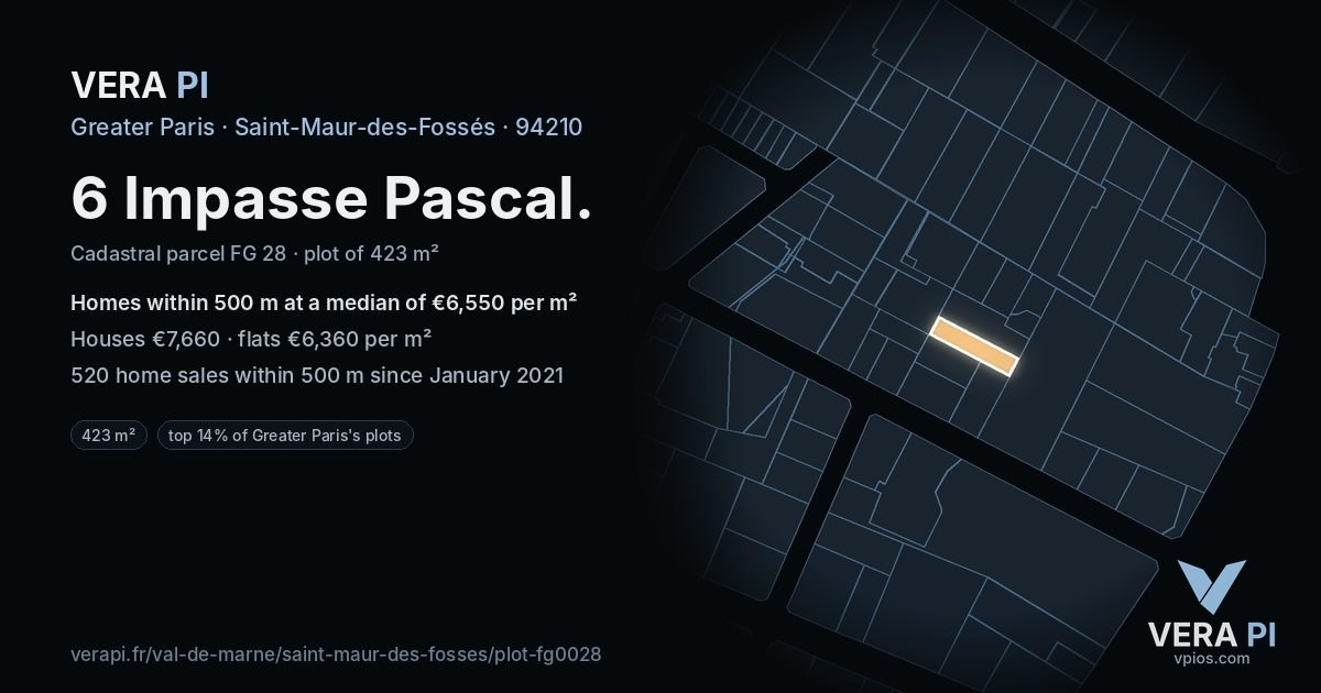 6 Impasse Pascal, Saint-Maur-des-Fossés at night – the plot lit, the parcels around coloured by the prices near them