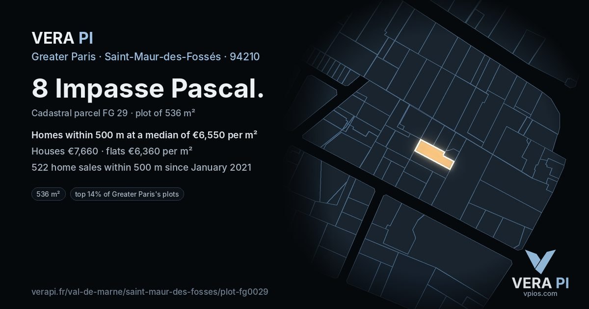 8 Impasse Pascal, Saint-Maur-des-Fossés at night – the plot lit, the parcels around coloured by the prices near them