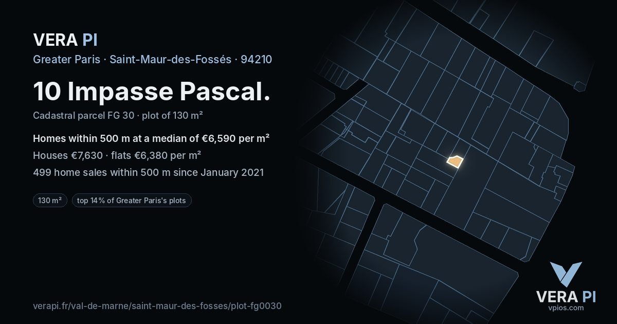 10 Impasse Pascal, Saint-Maur-des-Fossés at night – the plot lit, the parcels around coloured by the prices near them