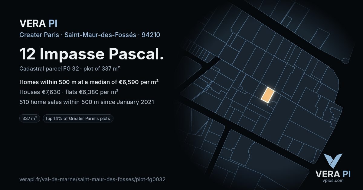 12 Impasse Pascal, Saint-Maur-des-Fossés at night – the plot lit, the parcels around coloured by the prices near them