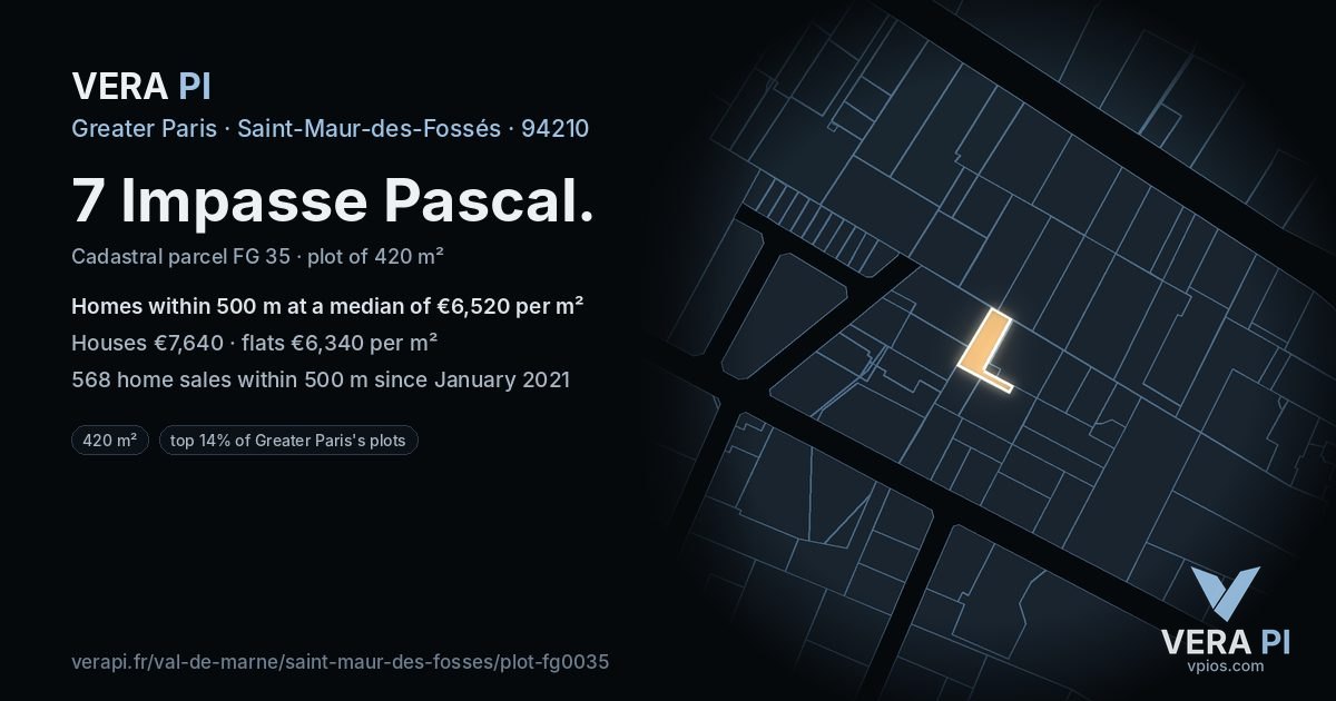 7 Impasse Pascal, Saint-Maur-des-Fossés at night – the plot lit, the parcels around coloured by the prices near them