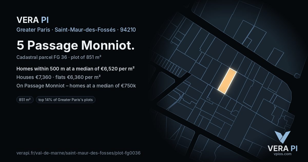 5 Passage Monniot, Saint-Maur-des-Fossés at night – the plot lit, the parcels around coloured by the prices near them