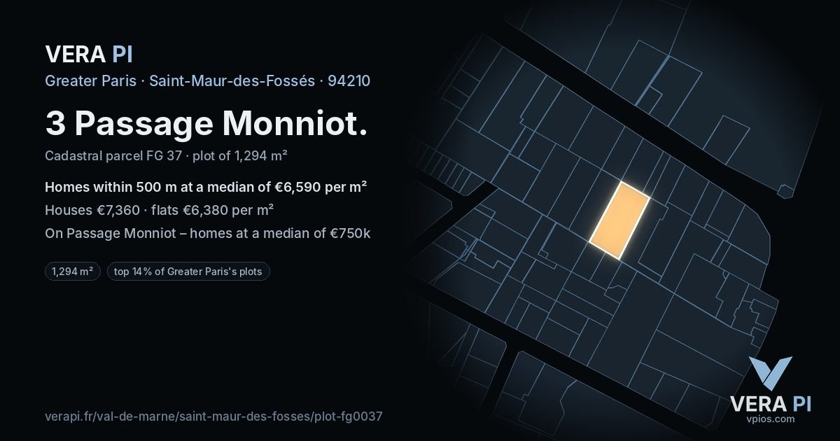3 Passage Monniot, Saint-Maur-des-Fossés at night – the plot lit, the parcels around coloured by the prices near them