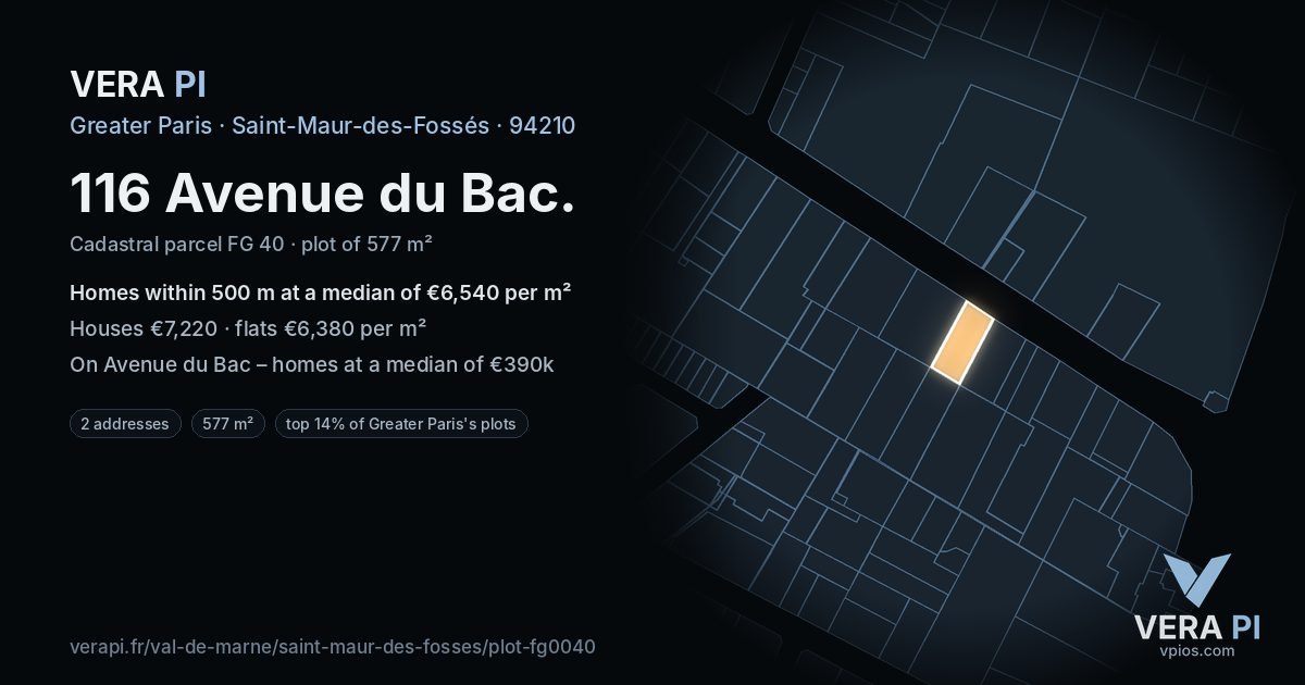 116 Avenue du Bac, Saint-Maur-des-Fossés at night – the plot lit, the parcels around coloured by the prices near them