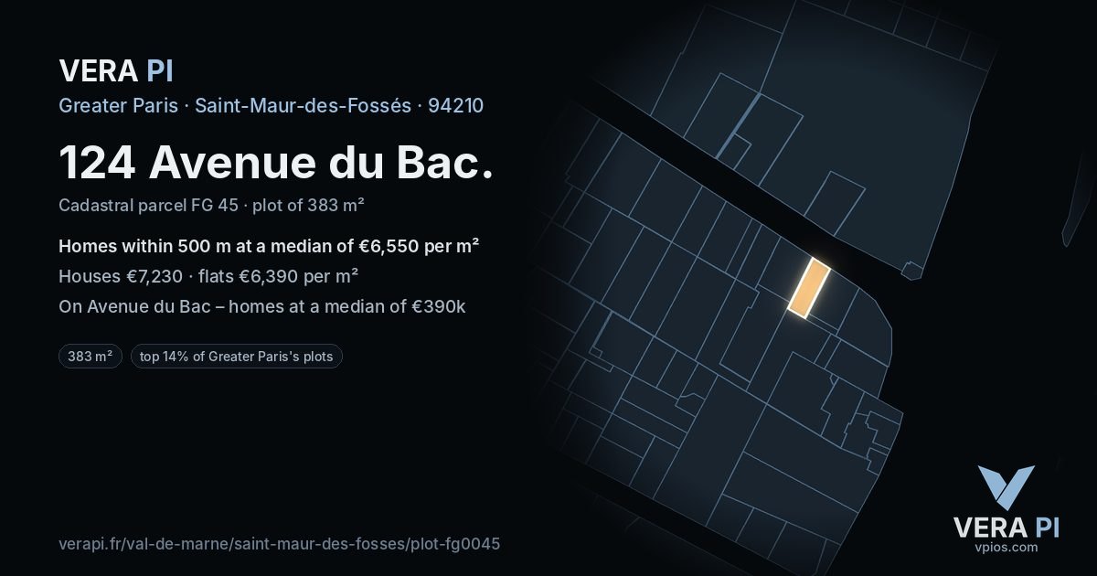 124 Avenue du Bac, Saint-Maur-des-Fossés at night – the plot lit, the parcels around coloured by the prices near them