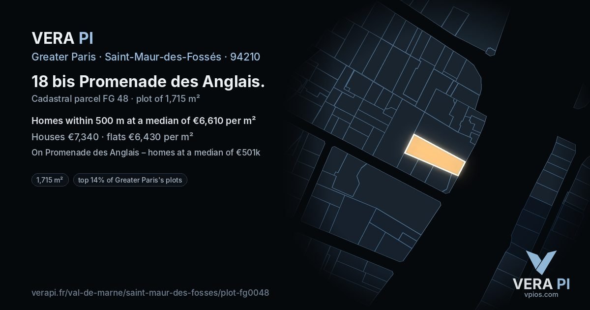 18 bis Promenade des Anglais, Saint-Maur-des-Fossés at night – the plot lit, the parcels around coloured by the prices near them