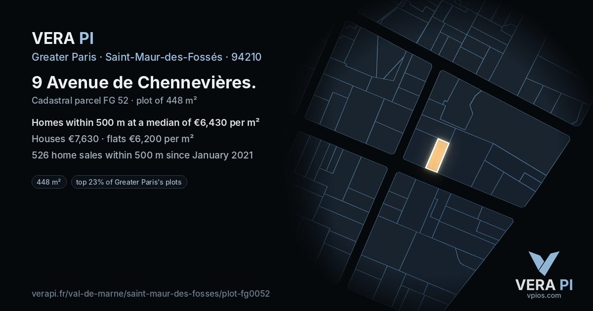 9 Avenue de Chennevières, Saint-Maur-des-Fossés at night – the plot lit, the parcels around coloured by the prices near them