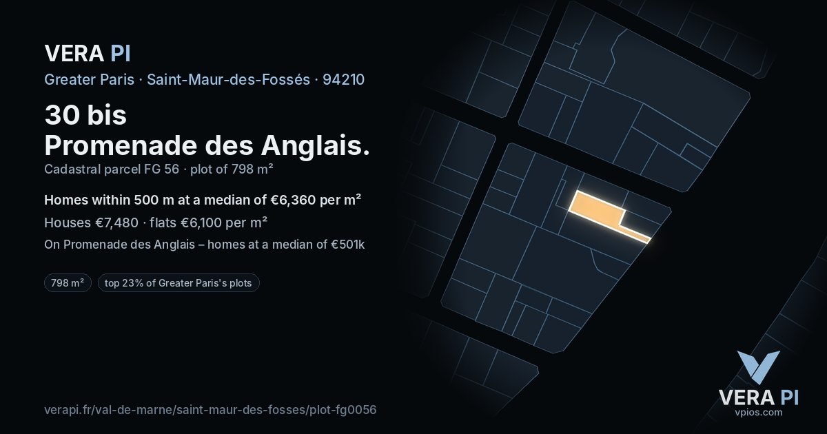 30 bis Promenade des Anglais, Saint-Maur-des-Fossés at night – the plot lit, the parcels around coloured by the prices near them