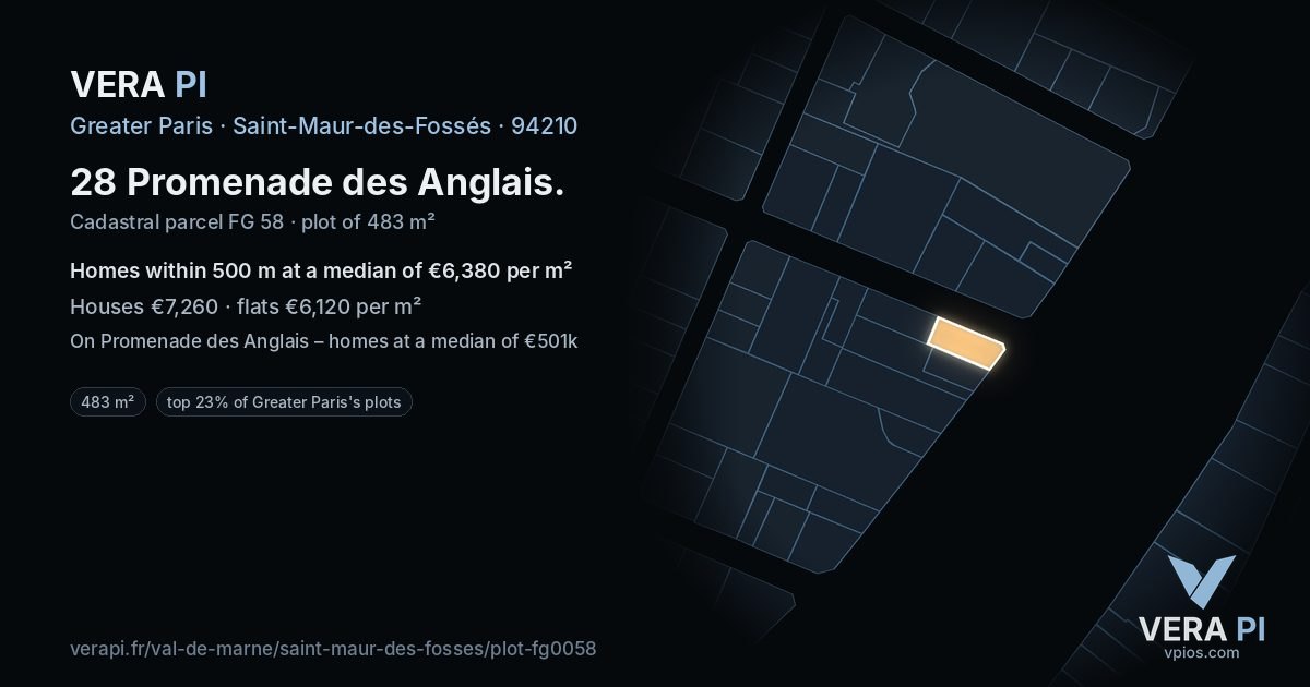 28 Promenade des Anglais, Saint-Maur-des-Fossés at night – the plot lit, the parcels around coloured by the prices near them
