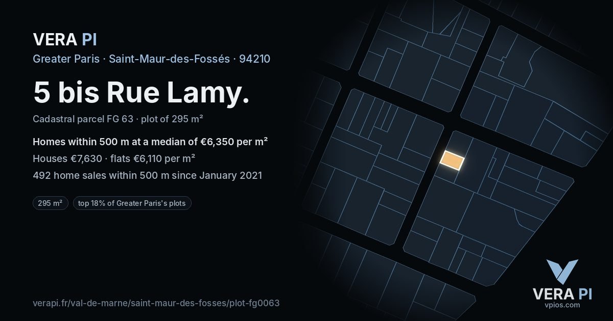 5 bis Rue Lamy, Saint-Maur-des-Fossés at night – the plot lit, the parcels around coloured by the prices near them