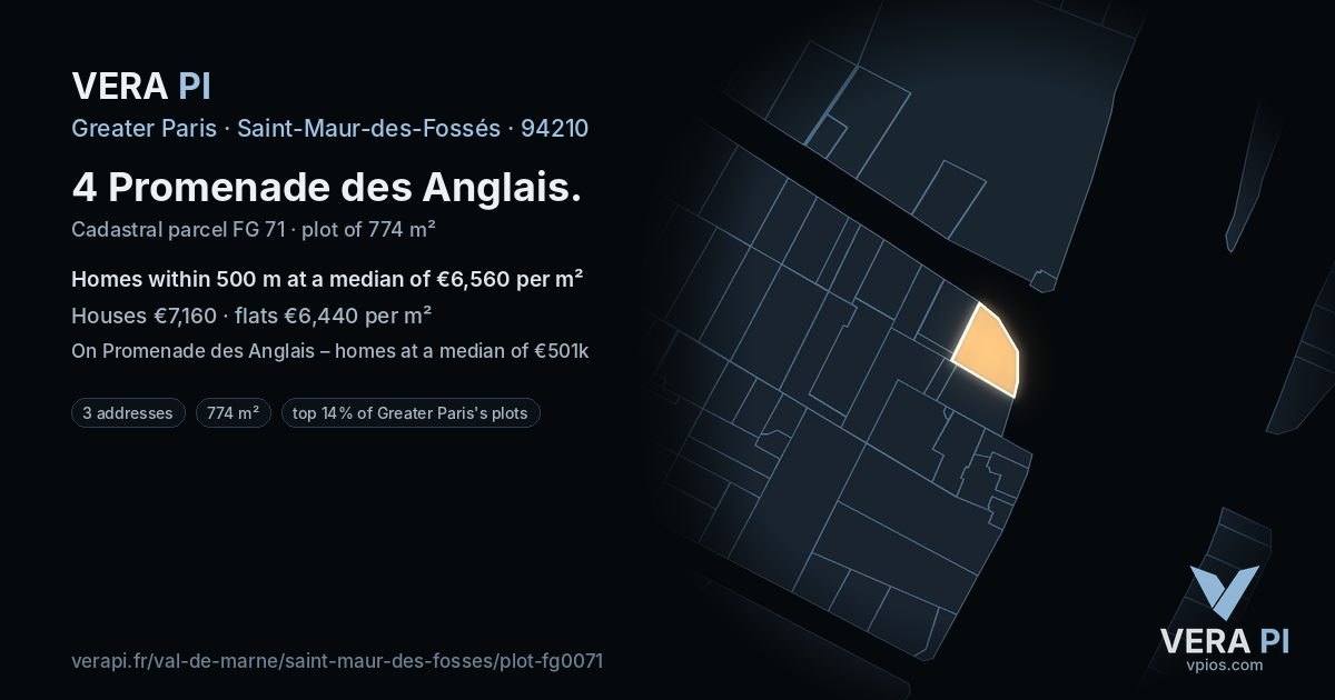 4 Promenade des Anglais, Saint-Maur-des-Fossés at night – the plot lit, the parcels around coloured by the prices near them