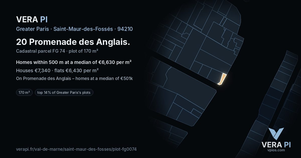 20 Promenade des Anglais, Saint-Maur-des-Fossés at night – the plot lit, the parcels around coloured by the prices near them