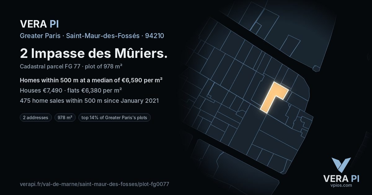 2 Impasse des Mûriers, Saint-Maur-des-Fossés at night – the plot lit, the parcels around coloured by the prices near them
