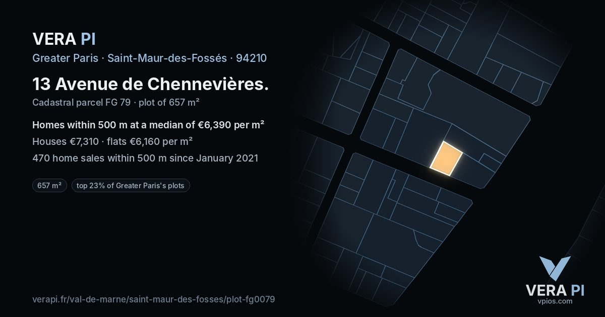13 Avenue de Chennevières, Saint-Maur-des-Fossés at night – the plot lit, the parcels around coloured by the prices near them