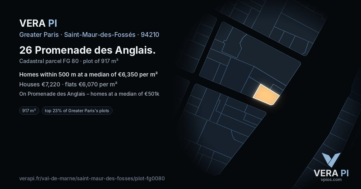 26 Promenade des Anglais, Saint-Maur-des-Fossés at night – the plot lit, the parcels around coloured by the prices near them