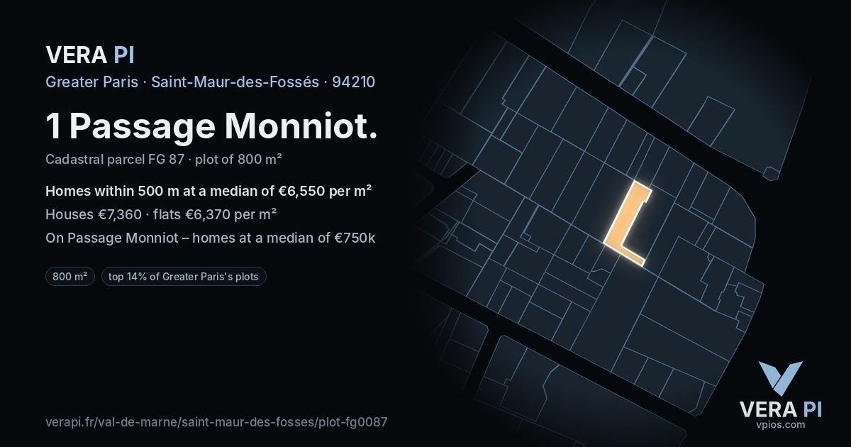 1 Passage Monniot, Saint-Maur-des-Fossés at night – the plot lit, the parcels around coloured by the prices near them