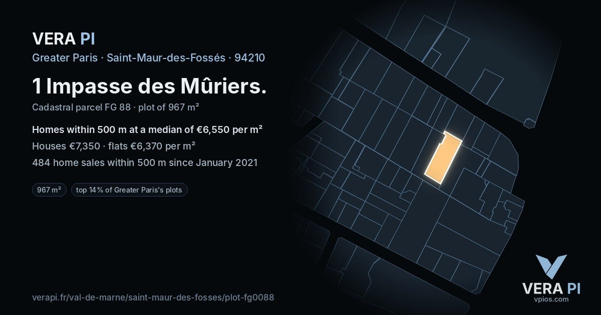 1 Impasse des Mûriers, Saint-Maur-des-Fossés at night – the plot lit, the parcels around coloured by the prices near them