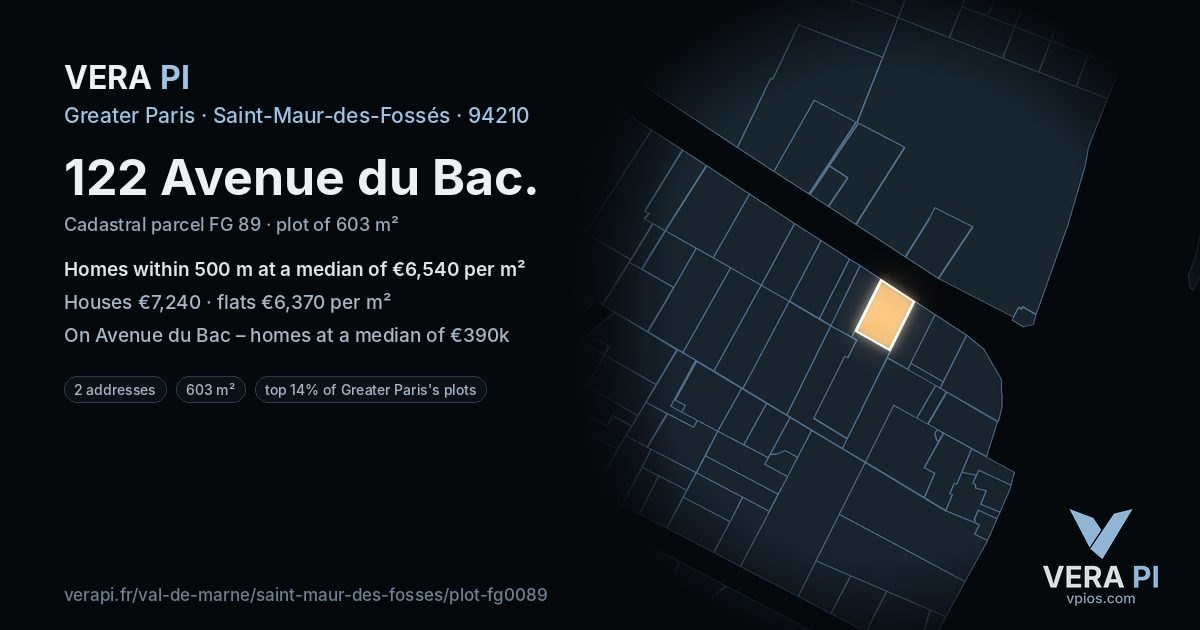 122 Avenue du Bac, Saint-Maur-des-Fossés at night – the plot lit, the parcels around coloured by the prices near them