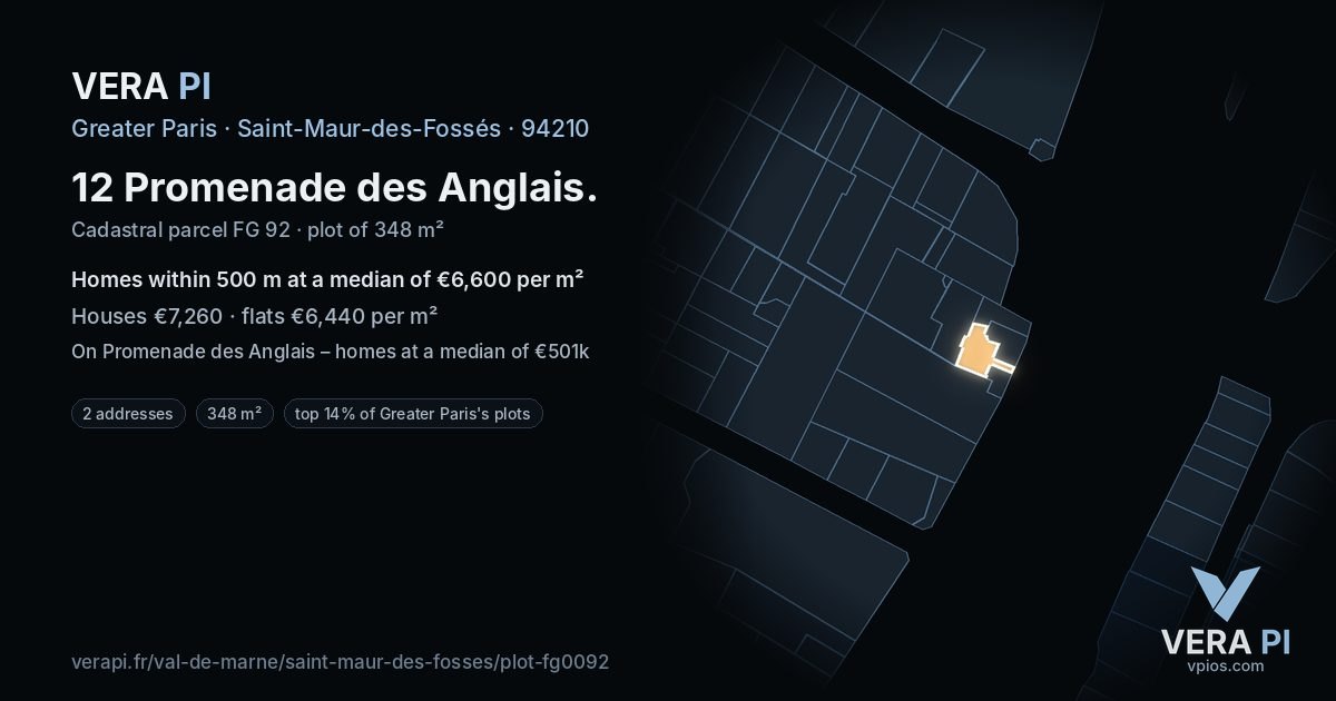 12 Promenade des Anglais, Saint-Maur-des-Fossés at night – the plot lit, the parcels around coloured by the prices near them