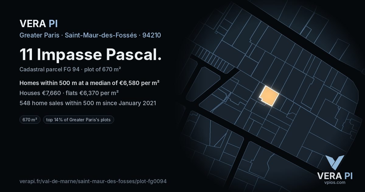 11 Impasse Pascal, Saint-Maur-des-Fossés at night – the plot lit, the parcels around coloured by the prices near them