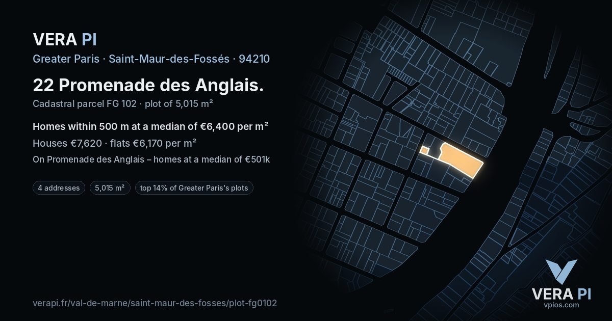 22 Promenade des Anglais, Saint-Maur-des-Fossés at night – the plot lit, the parcels around coloured by the prices near them